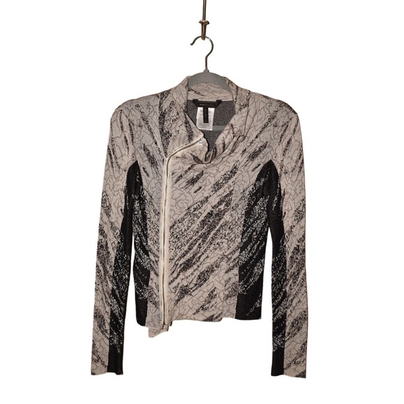 BCBGMAXAZRIA $128 Printed Cowl Neck Asymmetric Zip Silk‎ Cardigan Black/Gray XS - Picture 1 of 3